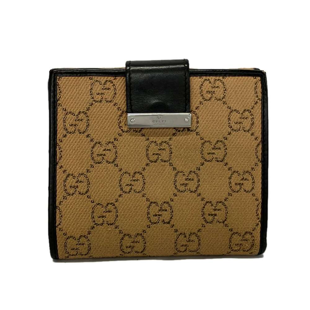Gucci Metal Bar/GG Double-hook Wallet 74209 Light Brown Black Jacquard Leather
